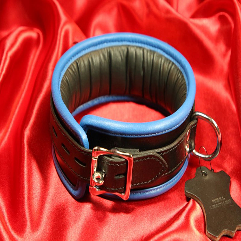 BDSM-halsband 3 D-ring – blått vadderat läderhalsband – baksida med låsbart spänne och blått kantband från Chambers of Love
