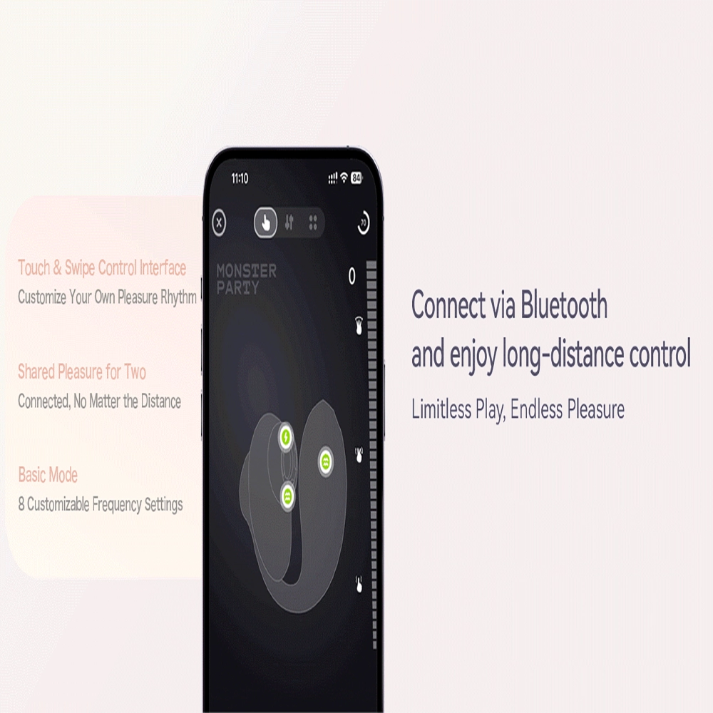 DEYA Bärbar Parvibrator fjärrkontroll och app-styrning – fingertoppsfjärrkontroll för diskret parlek och Monster Party-app för distansstyrning. Från Chambers of Love.