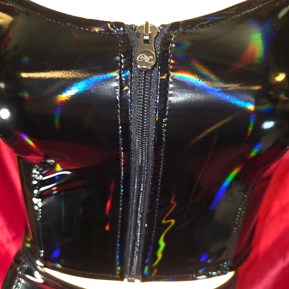 Detaljbild: dragkedja på svart hologram spaghetti topp – Chambers of Love