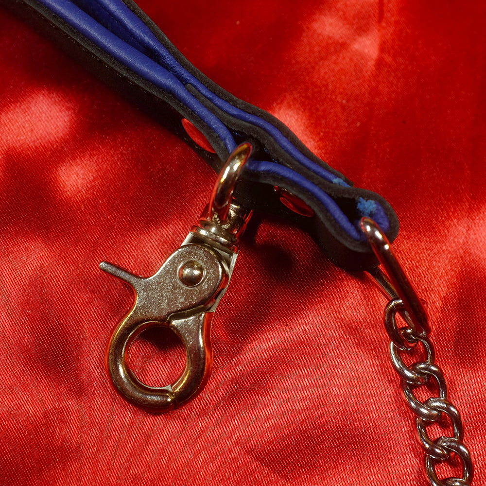 BDSM läderkoppel detaljbild blå – metallhake och karbinhake på blått läder från Chambers of Love