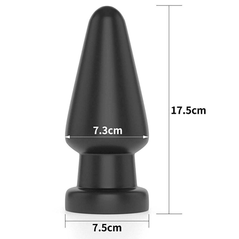 King Sized Anal Shocker 2 svart XXL analplugg från Chambers of Love med exakta måttangivelser – 17,5 cm total längd, 7,3 cm diameter, 7,5 cm basbredd för säker användning
