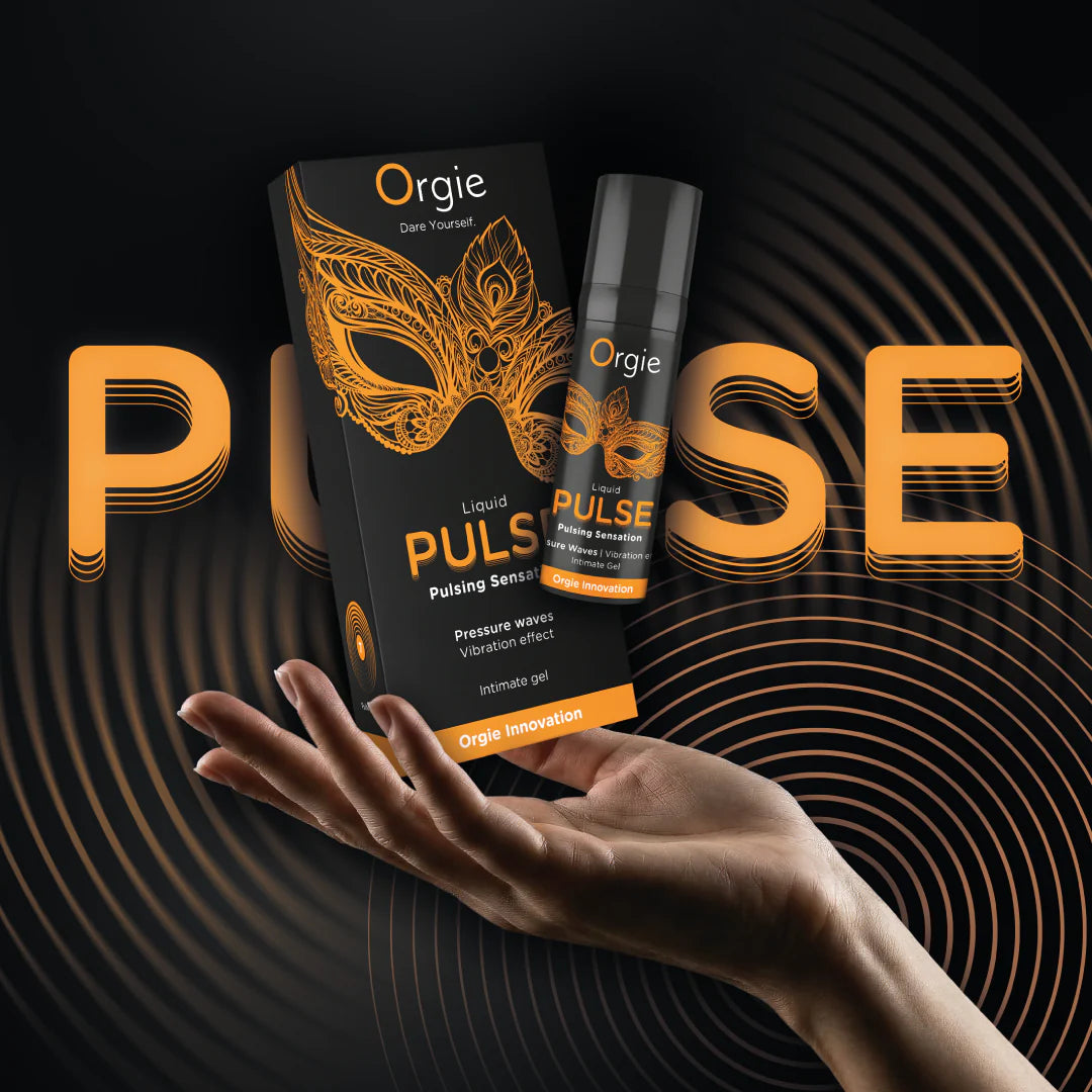 intimgel Orgie Liquid Pulse förpackning och flaska med tryckvågor och vibrationseffekt - Chambers of Love