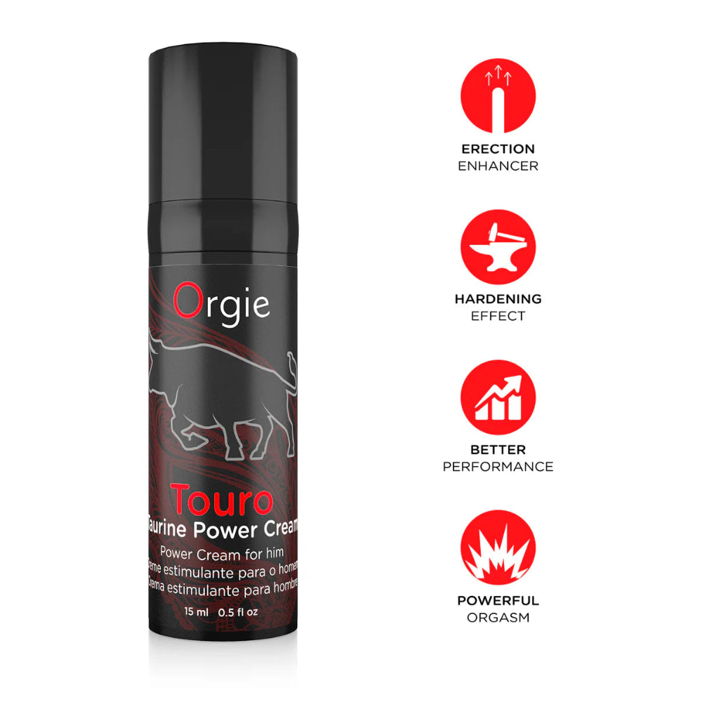 erektionskräm Orgie Touro Power Cream 15ml airless flaska i hand hos Chambers of Love
