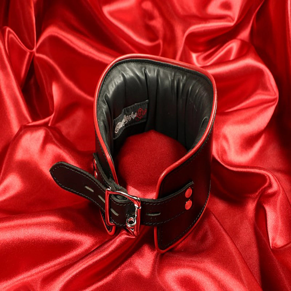 BDSM posture läderhalskrage o-ring röd kant bakifrån produktbild från Chambers of Love