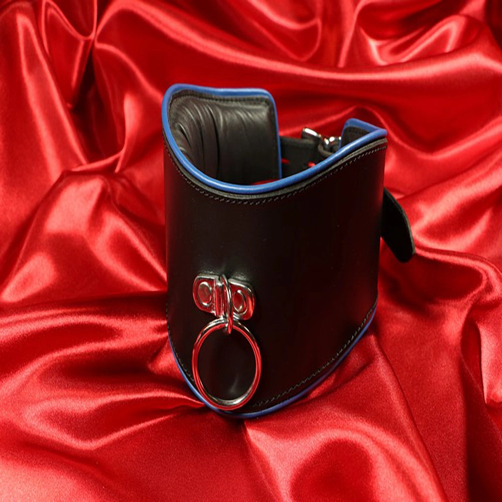 BDSM posture läderhalskrage o-ring Blå kant framifrån produktbild från Chambers of Love