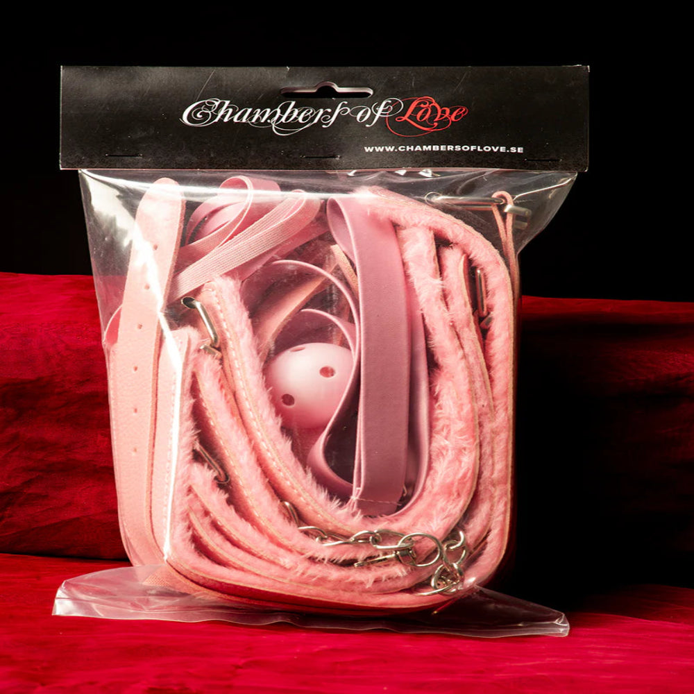 Chambers of Love rosa pälsfodrat BDSM-startkit 7 delar i PU-veganläder – frontbild i förpackning