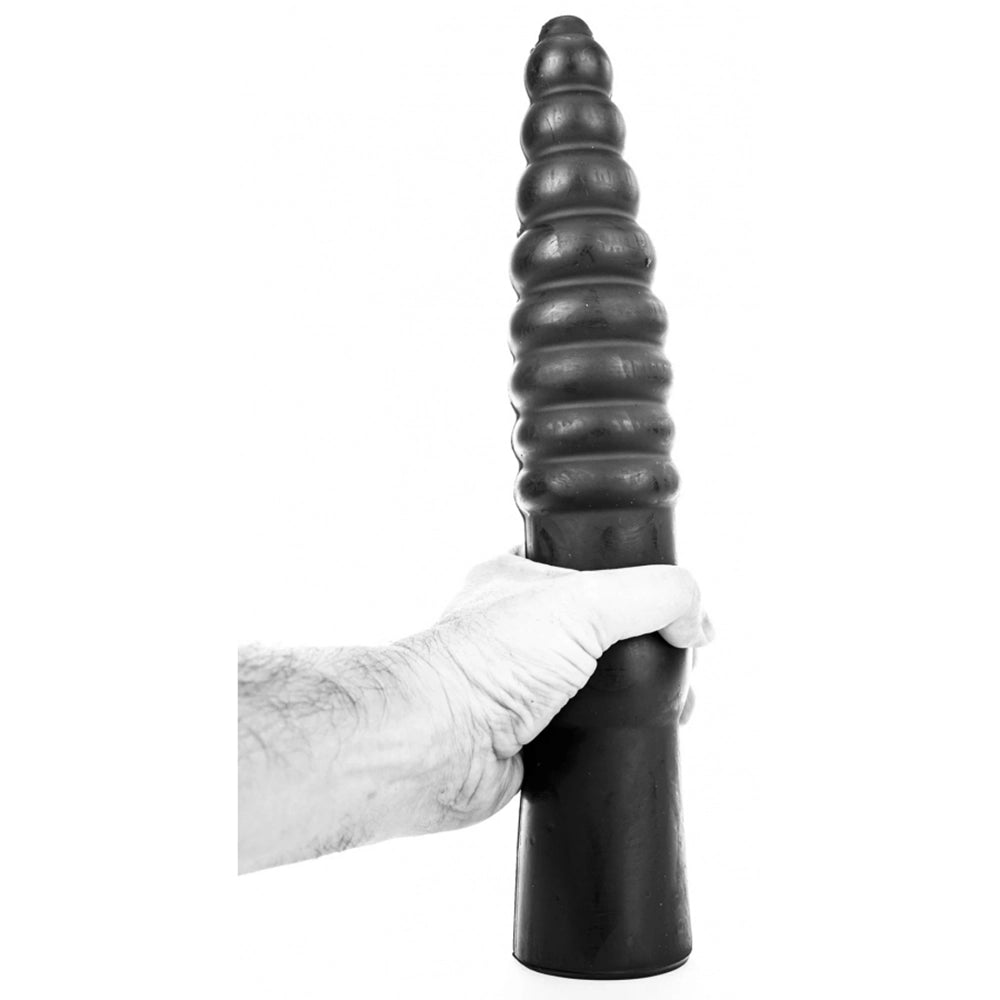  Ribbad XXL dildo All Black AB20 Drainer handhållen storleksreferens från Chambers of Love