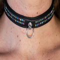 Svart BDSM läder halsband med dubbla kristall rader